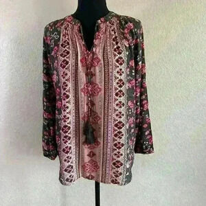 Mason & Belle Caseey Floral Boho Tassel V-neck Tunic Blouse Pink NWT Size SM